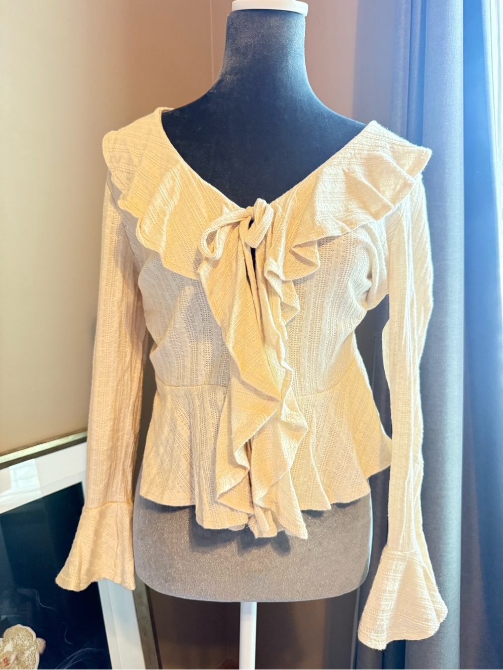 Cupio Cream Ruffle Tie-Front Peplum Blouse